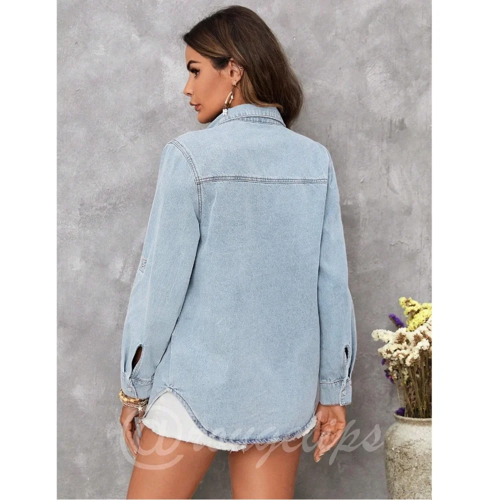 Light Wash Blue Flap Pocket Roll Tab Long Sleeve Denim Button Up Down Shirt - Picture 4 of 6